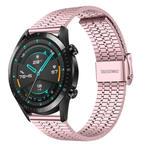 Fine Steel Strap, pink, on a watch, 3/4 front view