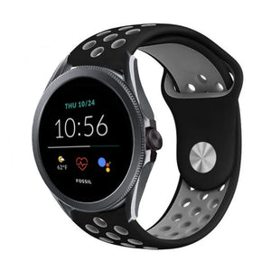 Silicone Sport Strap, black/grey, on a watch, 3/4 front view