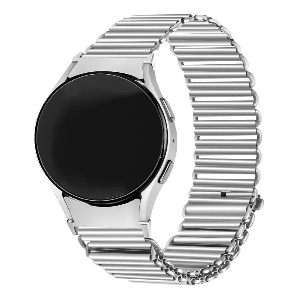 Steel Loop Strap, silver, on a watch, 3/4 front view