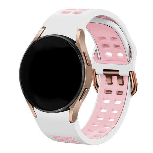 Silicone Squared Sport Strap, white/pink, on a watch, 3/4 front view