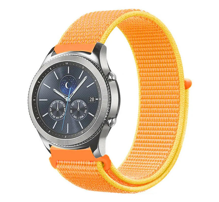 Nylon Strap, orange/yellow, on a watch, 3/4 front view