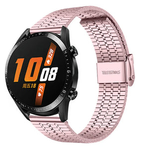 Fine Steel Strap, pink, on a watch, 3/4 front view