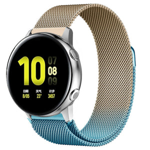 Milanese Strap, blue/gold, on a watch, 3/4 front view
