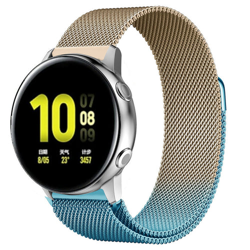 Milanese Strap, blue/gold, on a watch, 3/4 front view