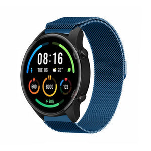 Milanese Strap, blue, on a watch, 3/4 front view