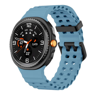 Silicone Ocean Strap, matte blue, on a watch, 3/4 front view