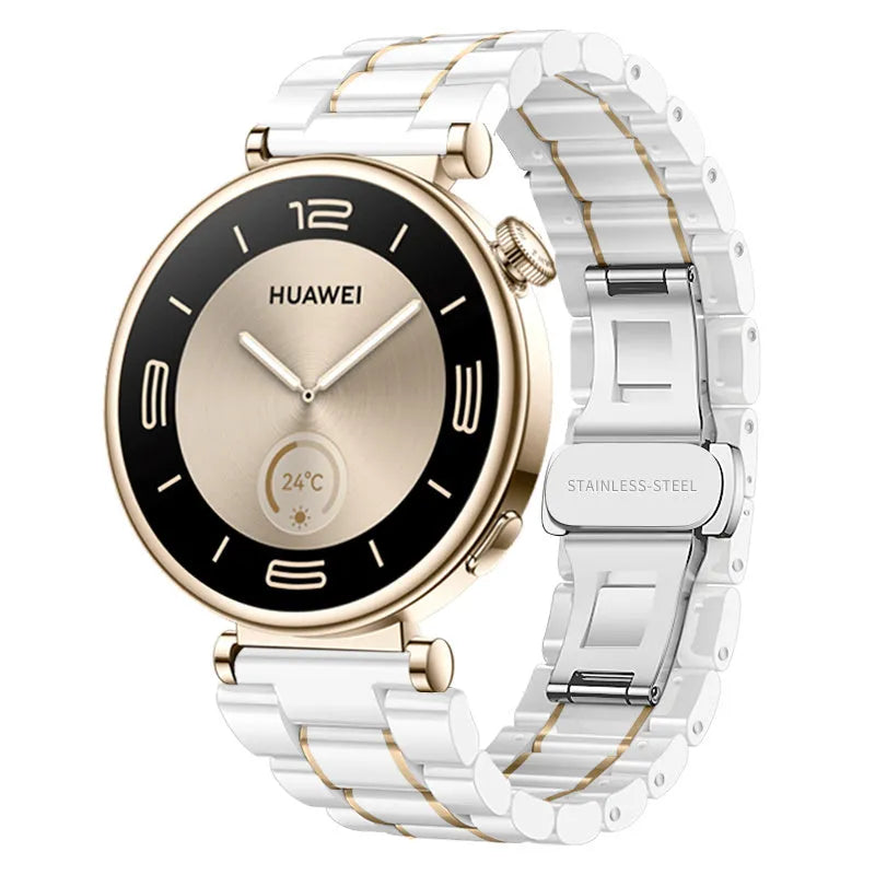 Metal Ceramic Strap, white/gold, on a watch, 3/4 front view