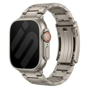 Adjustable Titanium Strap, on a watch, 3/4 front view