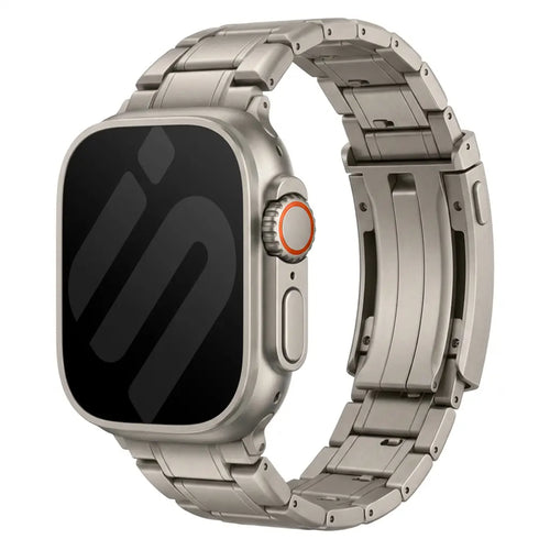 Adjustable Titanium Strap, on a watch, 3/4 front view