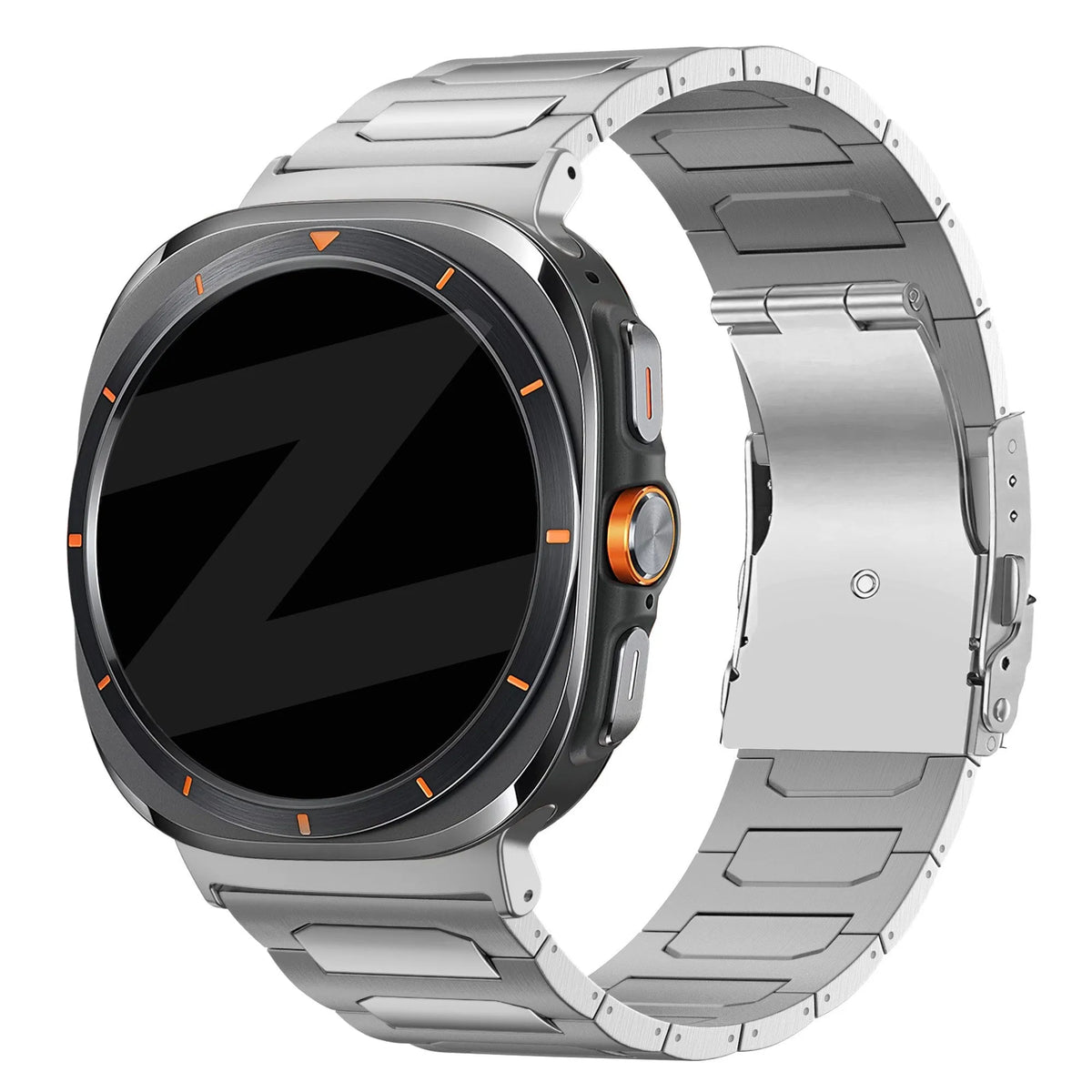 Titanium Strap 'Deluxe', silver, on a watch, 3/4 front view