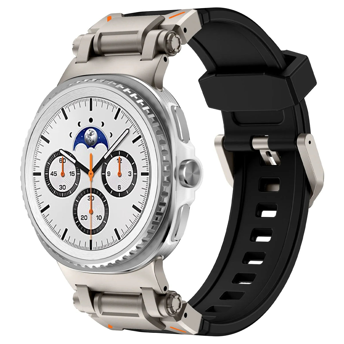 Silicone Strap 'Explorer', black with titanium, on a watch, 3/4 front view