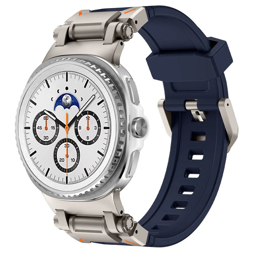 Silicone Strap 'Explorer', blue with titanium, on a watch, 3/4 front view