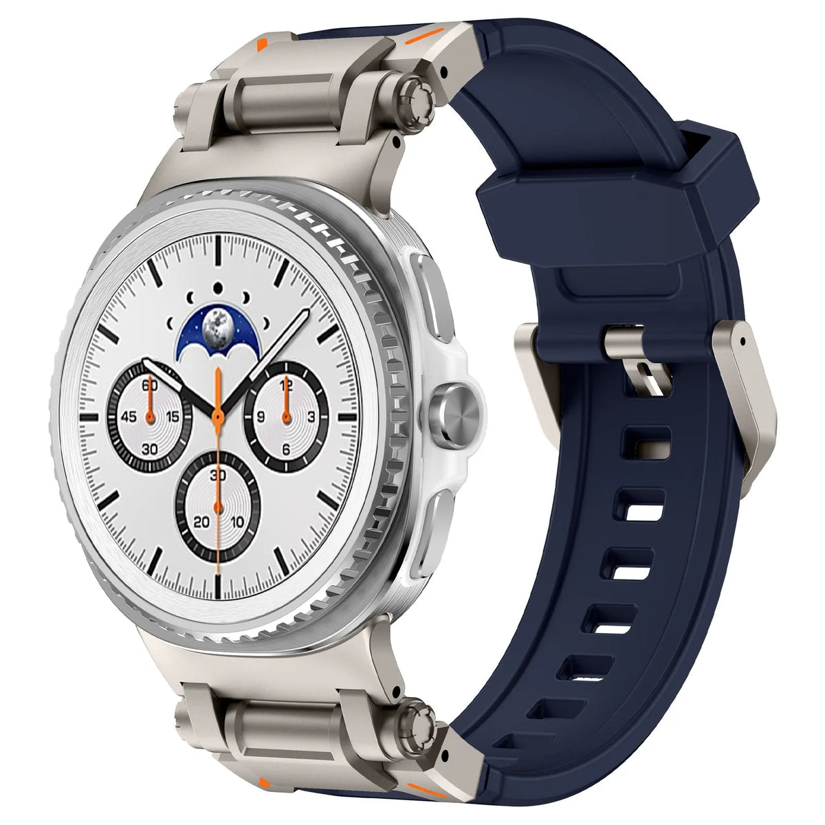 Silicone Strap 'Explorer', blue with titanium, on a watch, 3/4 front view