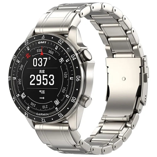 Premium Titanium Strap, on a watch, 3/4 front view