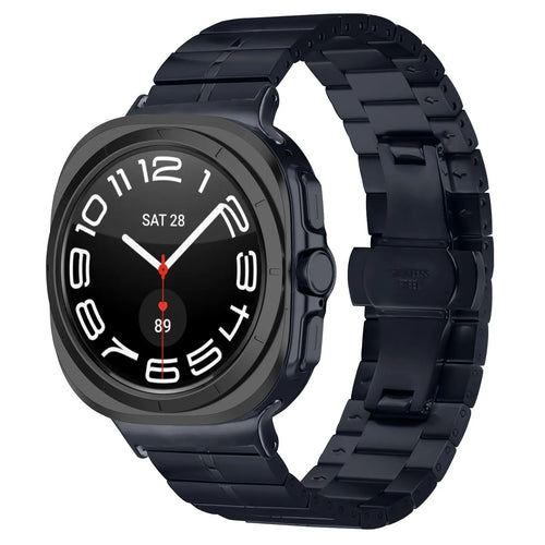 Premium Metal Strap, titanium grey, on a watch, 3/4 front view