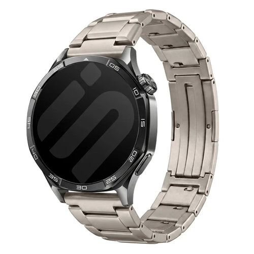 Refined Titanium Strap, on a watch, 3/4 front view