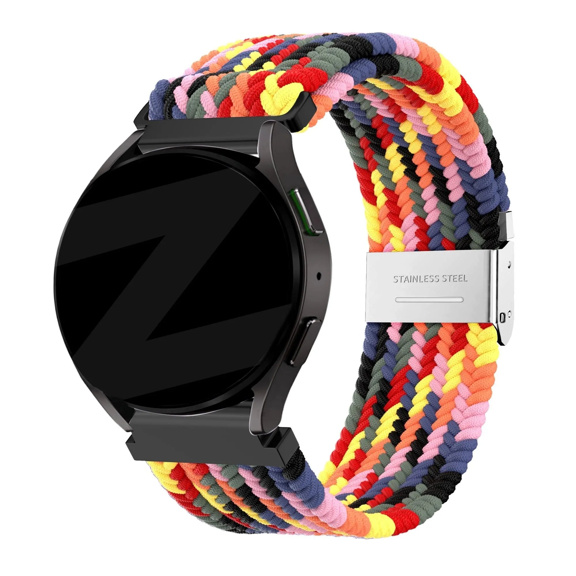 Woven Nylon Strap, colourful, on a watch, 3/4 front view