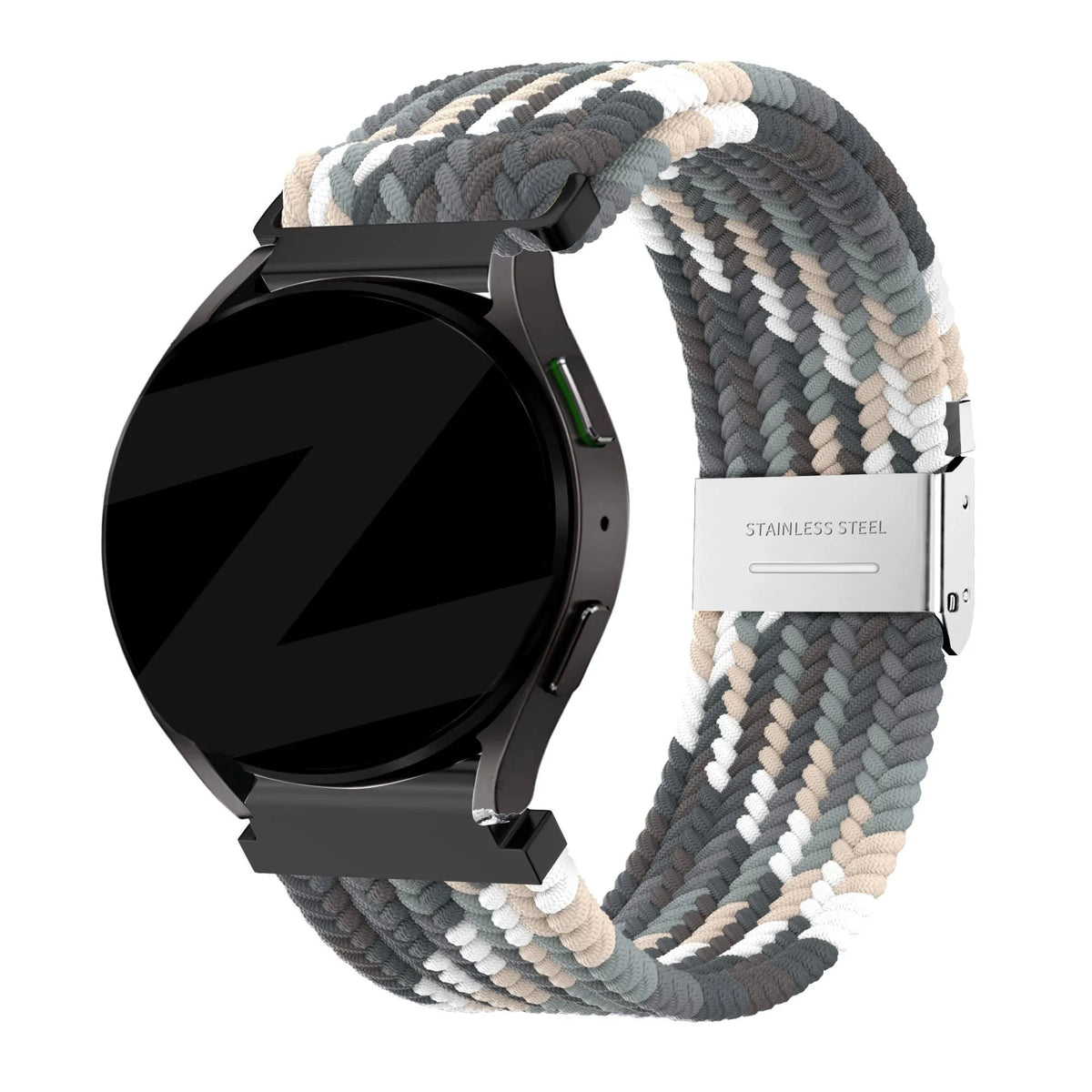 Woven Nylon Strap, slate, on a watch, 3/4 front view