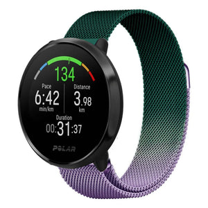 Milanese Strap, purple/green, on a watch, 3/4 front view