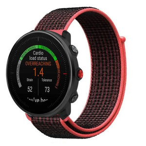 Nylon Strap, black/coral, on a watch, 3/4 front view