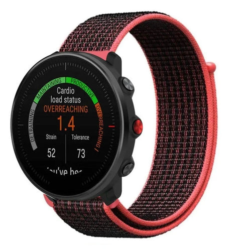 Nylon Strap, black/coral, on a watch, 3/4 front view