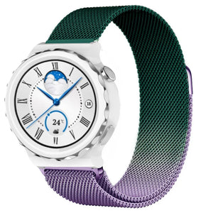 Milanese Strap, purple/green, on a watch, 3/4 front view