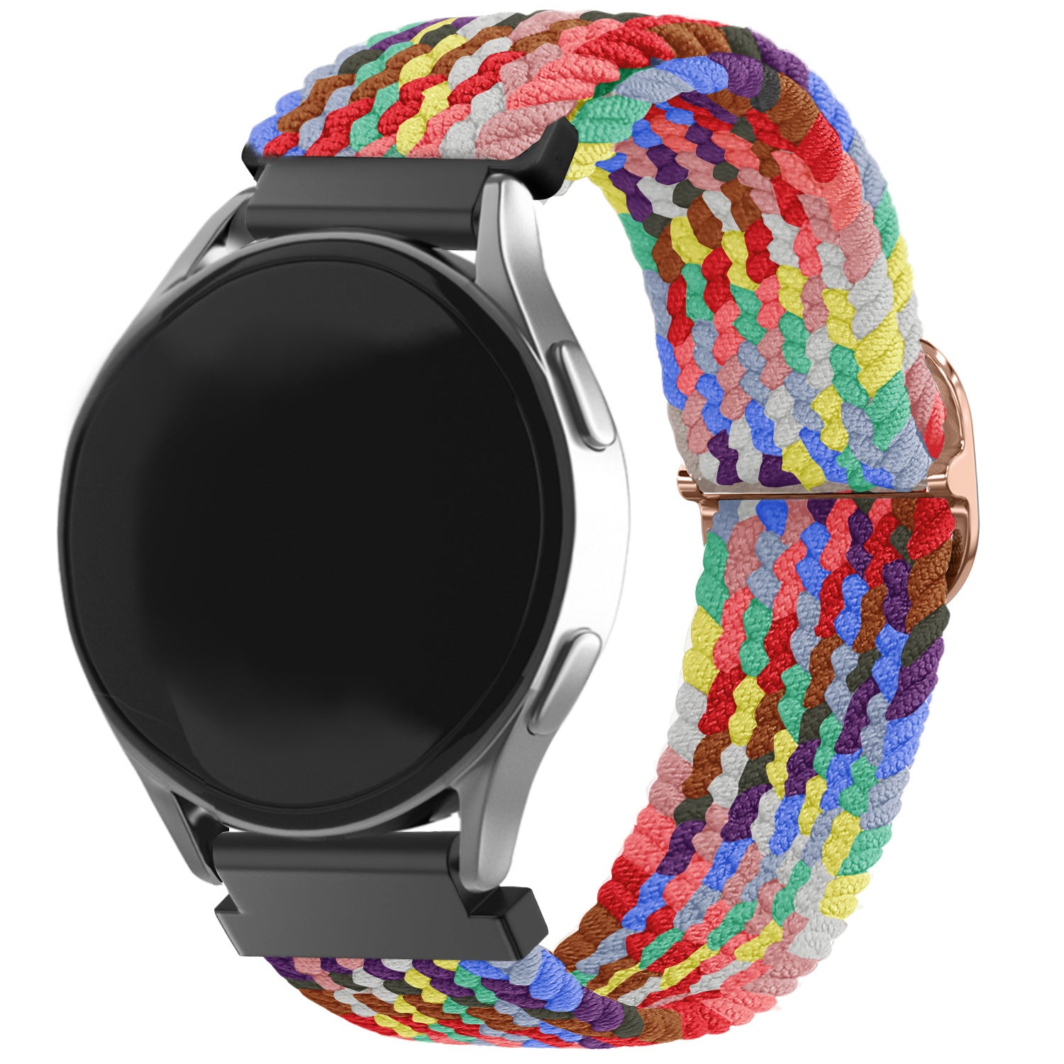 Nylon Adjustable Braided Strap, colourful, on a watch, 3/4 front view