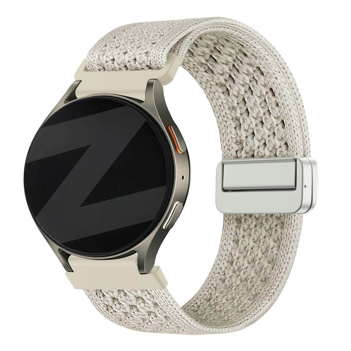 Vintage Nylon Strap, starlight, on a watch, 3/4 front view