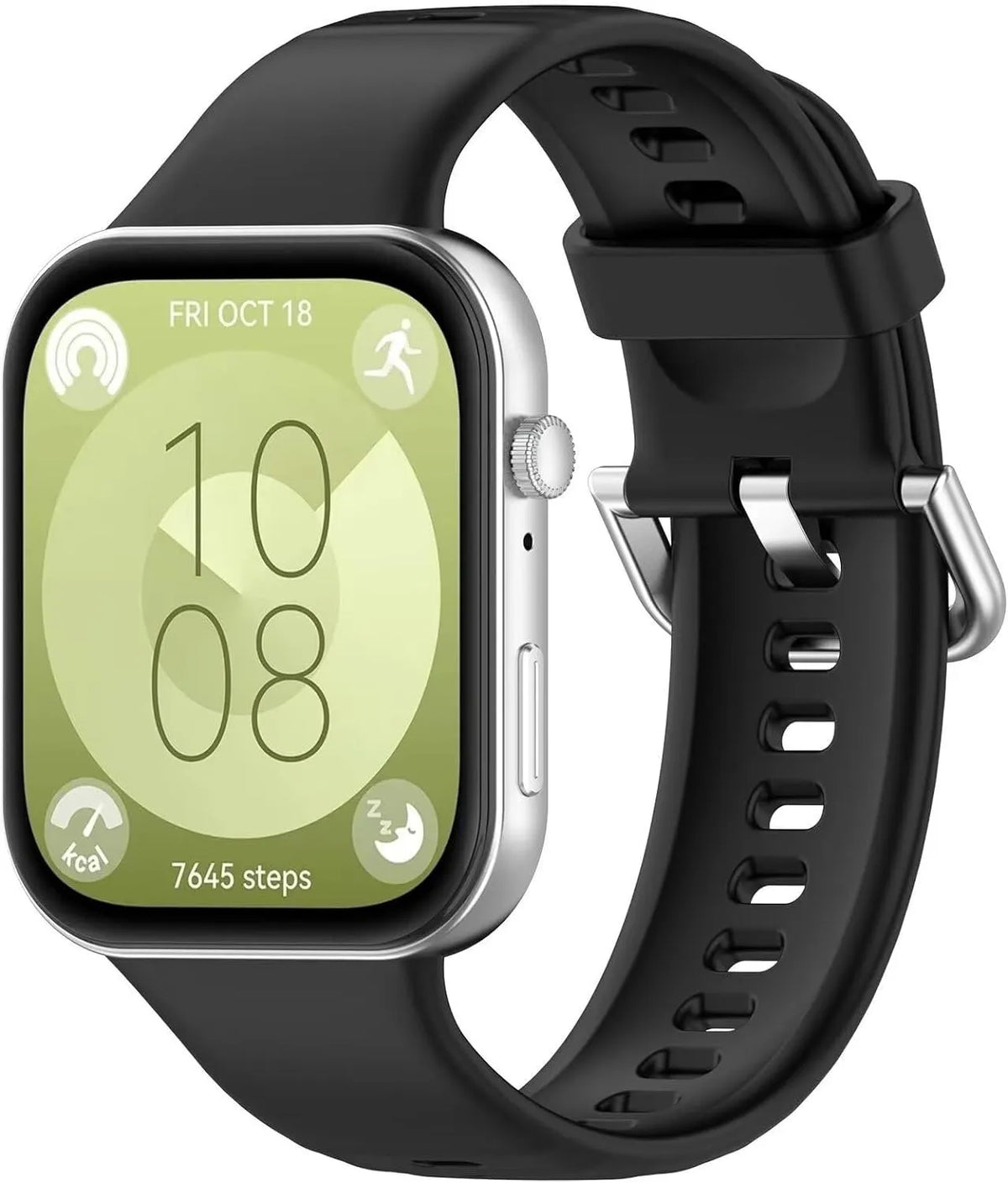 Silicone Strap, black, on a watch, 3/4 front view