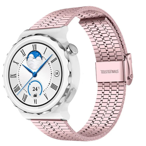 Fine Steel Strap, pink, on a watch, 3/4 front view