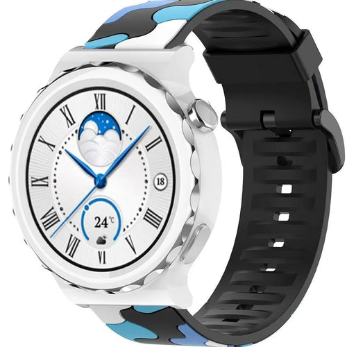 Silicone Camo Strap, blue, on a watch, 3/4 front view