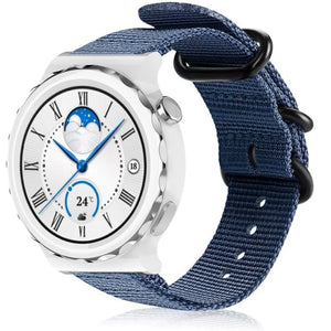 Nylon Buckle Strap, blue, on a watch, 3/4 front view