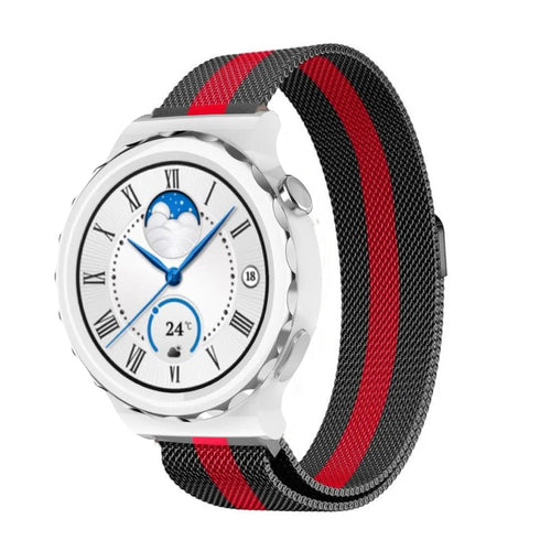 Milanese Strap, black/red, on a watch, 3/4 front view