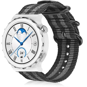 Nylon Buckle Strap, black/grey, on a watch, 3/4 front view