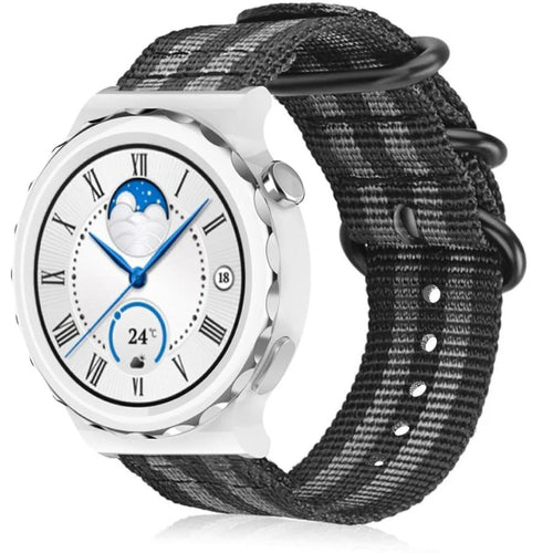 Nylon Buckle Strap, black/grey, on a watch, 3/4 front view