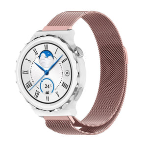 Milanese Strap, pink, on a watch, 3/4 front view