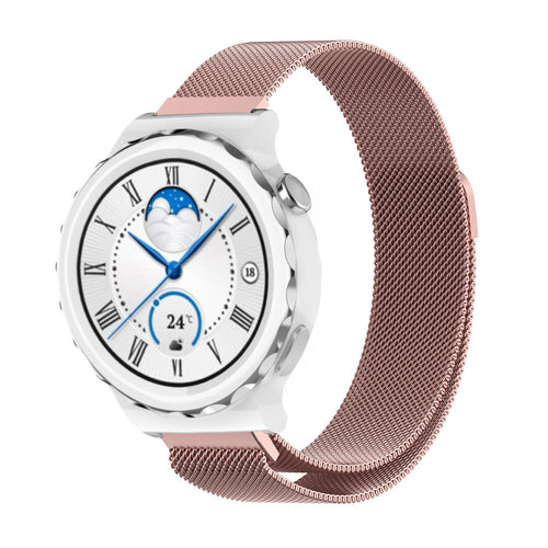 Milanese Strap, pink, on a watch, 3/4 front view