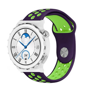 Silicone Sport Strap, purple/green, on a watch, 3/4 front view