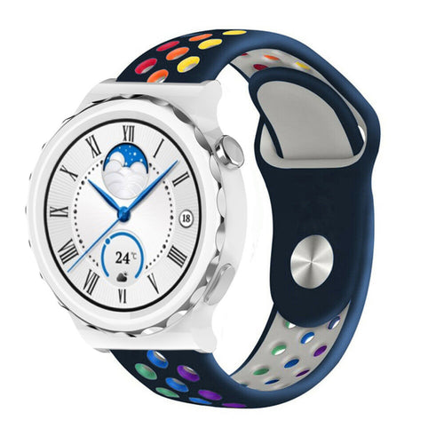 Silicone Sport Strap, dark blue/colourful, on a watch, 3/4 front view