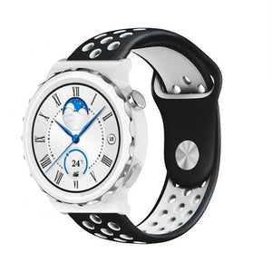 Silicone Sport Strap, black/white, on a watch, 3/4 front view