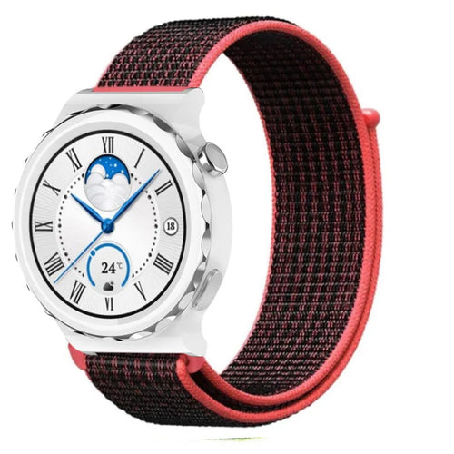 Nylon Strap, black/coral, on a watch, 3/4 front view