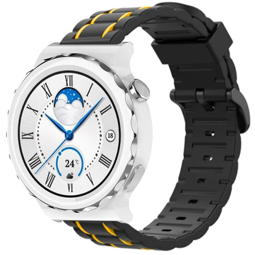 Silicone Strap 'Tough', black/yellow, on a watch, 3/4 front view