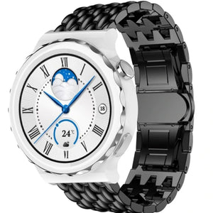Steel Dragon Strap, black, on a watch, 3/4 front view