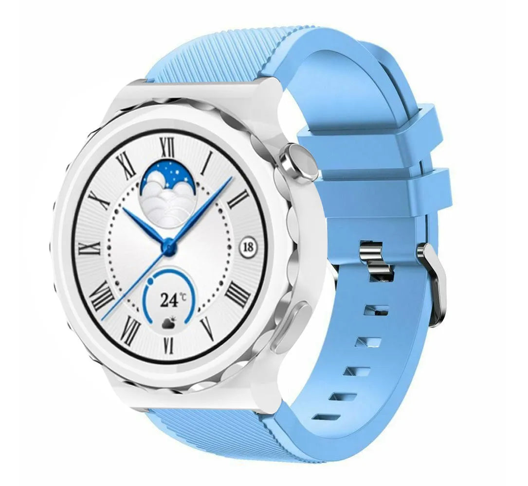 Twill Silicone Strap, sand blue, on a watch, 3/4 front view