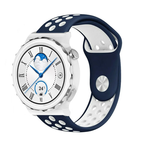 Silicone Sport Strap, blue/white, on a watch, 3/4 front view