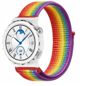 Nylon Strap, rainbow, on a watch, 3/4 front view