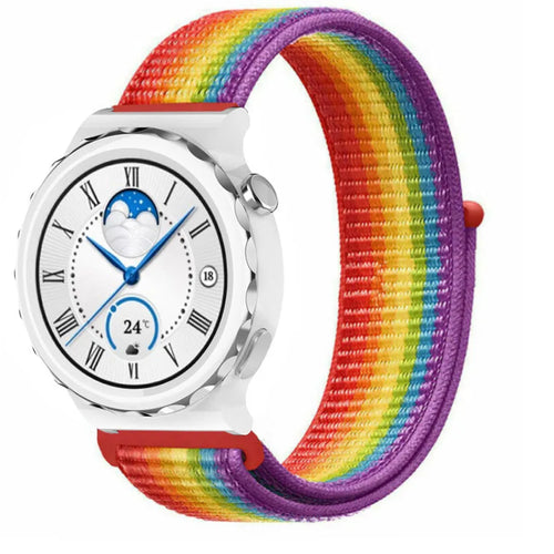 Nylon Strap, rainbow, on a watch, 3/4 front view