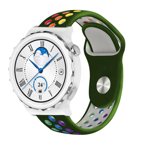 Silicone Sport Strap, army green/colourful, on a watch, 3/4 front view