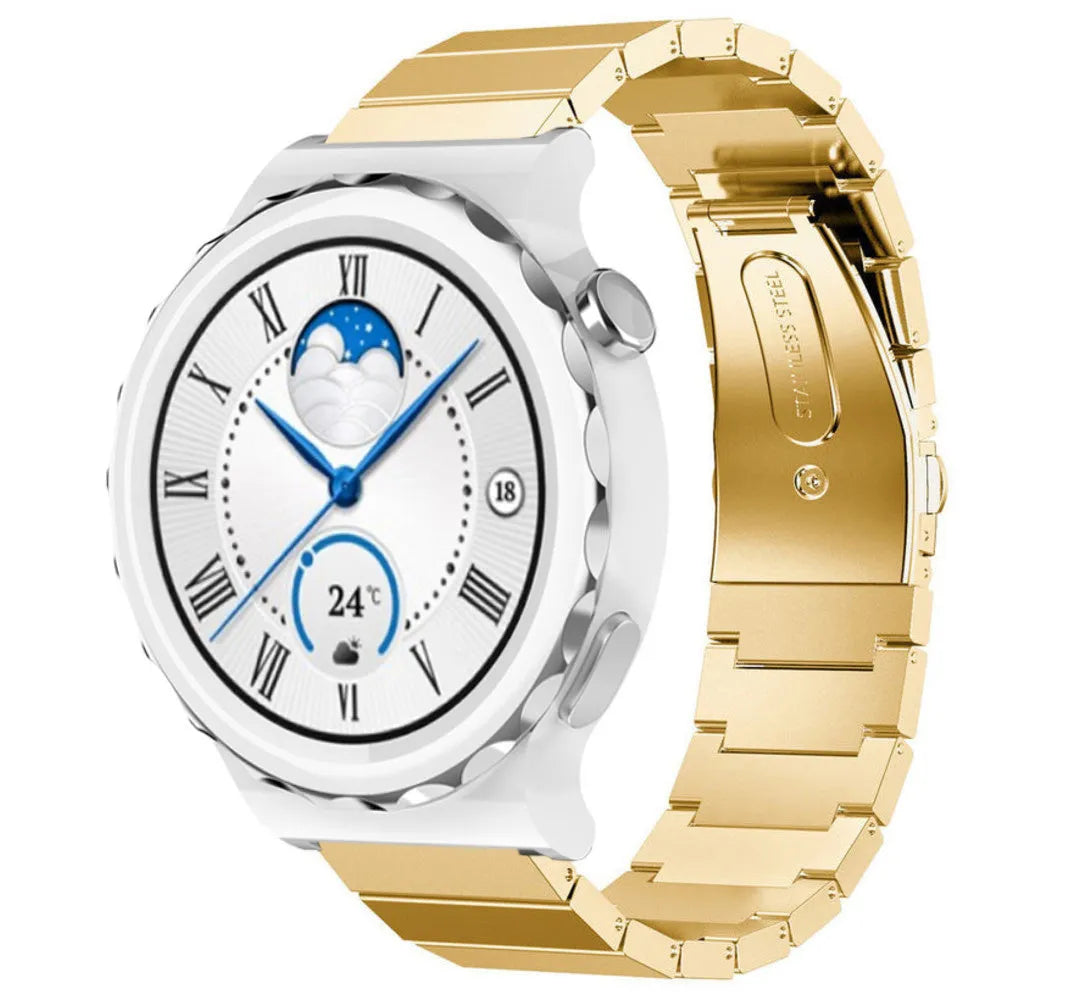 Premium Metal Strap, gold, on a watch, 3/4 front view