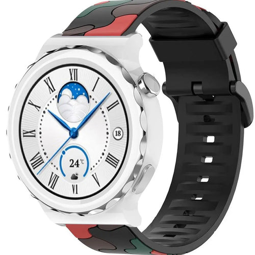 Silicone Camo Strap, red, on a watch, 3/4 front view